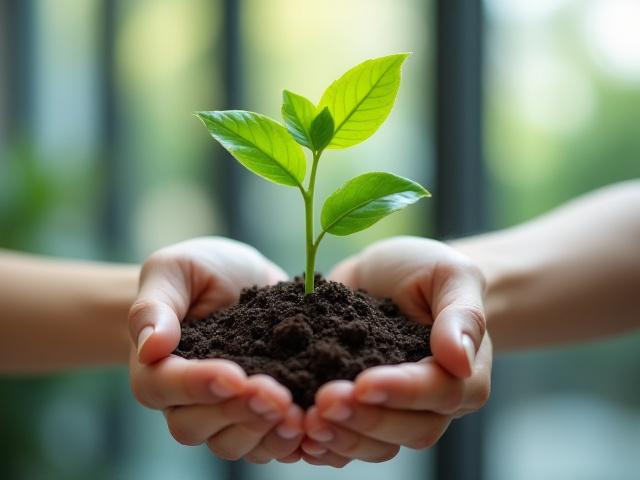 Zöld levelek és egy kis fa nő ki egy üzleti kézben tartott talajból, jelképezve a fenntarthatóságot a modern vállalkozásokban.