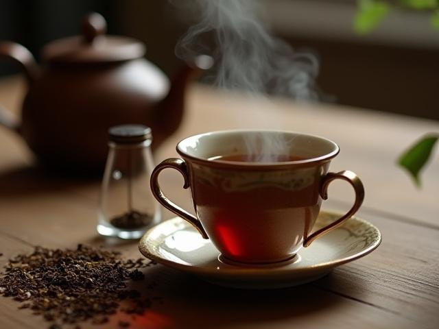 Egy gyönyörűen elkészített, gőzölgő teáscsésze, mellette tealevelek és egy időzítő, bemutatva a tökéletes tea elkészítésének művészetét.